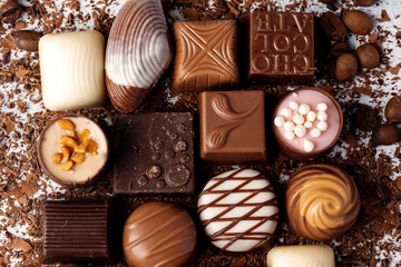 Chocolate candies and chocolate pieces pile for background