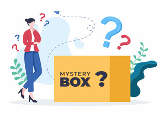Mystery Gift Box and Confused Woman a Cardboard Box Open Inside with a Question Mark, Lucky Gift or Other Surprise in Flat Cartoon Style Illustration