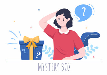 Mystery Gift Box and Confused Woman a Cardboard Box Open Inside with a Question Mark, Lucky Gift or Other Surprise in Flat Cartoon Style Illustration