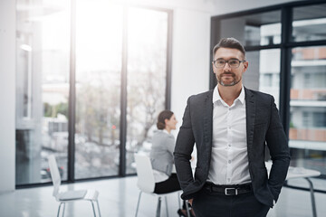 Im ready for success. Portrait of a handsome businessman standing in the boardroom during a meeting.