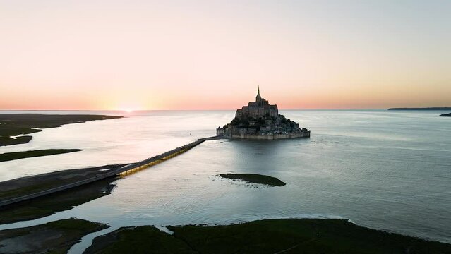Sunset on Mont-Saint-Michel in France. Seen from above.