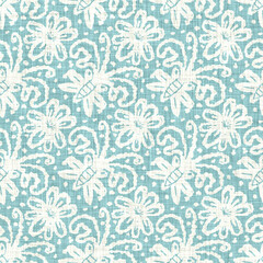 Aegean teal mottled flower linen texture background. Summer coastal living style 2 tone fabric effect. Sea green wash distressed grunge material. Decorative floral motif textile seamless pattern