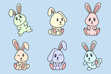 Fototapeta premium Set Collection Cute Rabbit Bunny pose face ears Flat art animals doodles