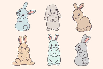Set Collection Cute Rabbit Bunny pose face ears Flat art animals doodles