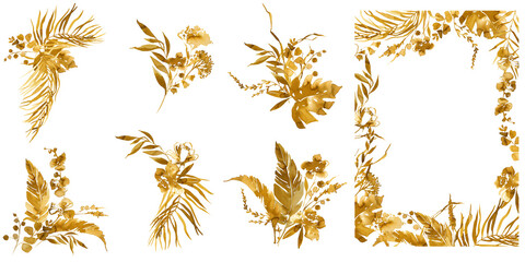 Set watercolor arrangements with tropical plant. collection golden yellow flowers, leaves, branches. Botanic illustration isolated on white background.