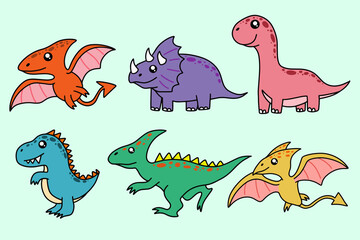 Set Collection Cute Dinosaurs Fossil cartoon doodle character Hand drawn flat line art
