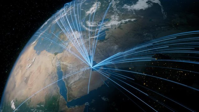 Earth in Space. Blue Lines connect Doha, Qatar with Cities across the World. International Travel or Business Concept.