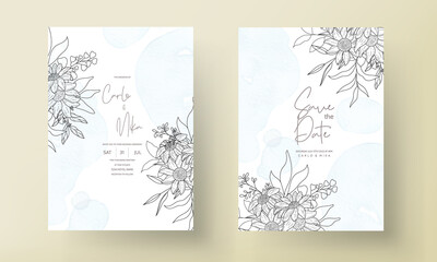 Wedding invitation template with elegant hand drawn floral monoline