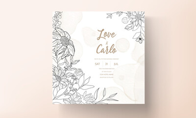 Wedding invitation template with elegant hand drawn floral monoline