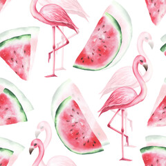 Watercolor seamless pattern with flamingos and waremelon isolated.