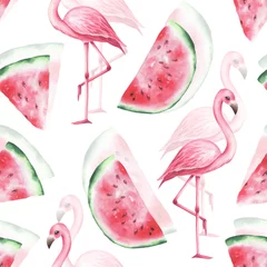 Wallpaper murals Flamingo Watercolor seamless pattern with flamingos and waremelon isolated.