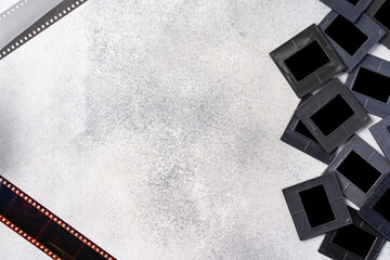 Photography empty slide frames on gray background