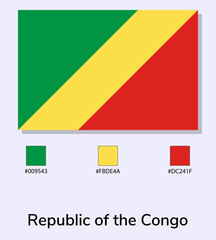 Vector Illustration of Republic of the Congo flag isolated on light blue background. Illustration Republic of the Congo flag with Color Codes. As close as possible to the original.