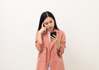 Cheerful young Asian woman using smartphone and checking message on mobile chat application isolated white background. Fashion style asian lovely woman playing game or shopping online by cellphone