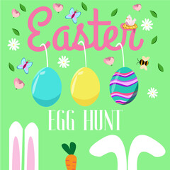 Happy Easter banner with bunny, flowers and eggs. Egg hunt poster. Spring background in modern style.Vector illustration