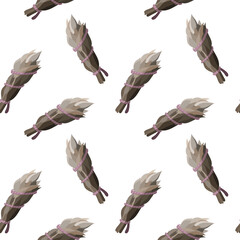 Seamless pattern with green herbal smudge stick bundle