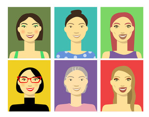 Fototapeta na wymiar different images of one girl, a young girl, an aged woman, with makeup, a clean face, with plastic fillers, with long and short hair. Flat style illustration