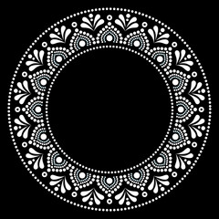 Aboriginal dot art mandala vector frame or border design, white traditional decorative pattern on black background