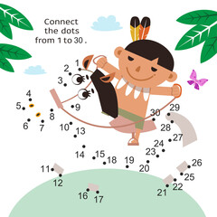 Funny Red Indian boy rides horse. Activity page for kids. Educational game. Connect dots from 1 to 30. Vector illustration.