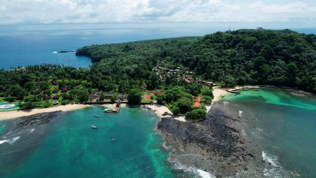 Aerial view overlooking a resort on the Ilheu das Rolas island, in sunny Sao Tome