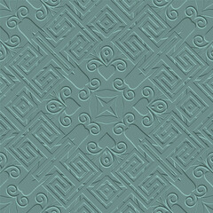 Textured 3d greek seamless pattern. Embossed background. Vector repeat tribal ethnic style relief backdrop. Surface emboss ornament with greek key meanders, flowers, swirls. Endless embossing texture