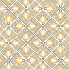 Gold zig zag seamless pattern. Greek key meanders chevron background. Floral repeat Deco backdrop. Golden geometric zigzag ornament with vintage flowers, leaves. Trendy design. Endless vector texture