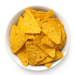 Tortilla chips in a white bowl from above.