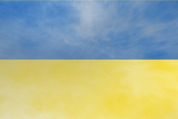 Smoke blow over Ukraine flag at the time of Russia army invasion in late February 2022. Blue and yellow colors of Ukraine national flag.