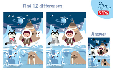 Cute children and animals of North. Find 12 differences. Game for children. Hand drawn full color illustration. Vector flat cartoon picture.