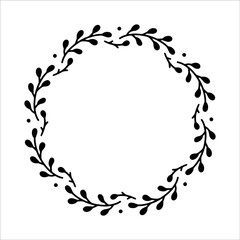 Vector hand drawn spring wreath isolated on white background. Silhouette circle of leaves. Doodle style. Floral monogram frame.