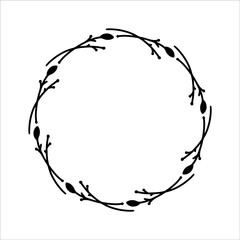 Vector hand drawn spring wreath isolated on white background. Silhouette circle of leaves. Doodle style. Floral monogram frame.