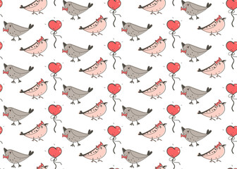 Birds doodle seamless pattern. Hand drawn elements, balloon, heart, cartoon style design illustration. Grey, pink color palette. White easy editable color background
