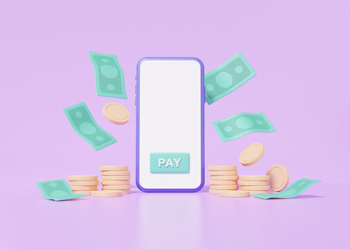Online payments banknotes and stack coin floating with smartphone, transfer exchange concept. pay money via app Internet banking on purple background. 3d render illustration