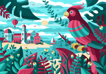 Exotic nature illustration. Bird on the sea background © Анна Склярова