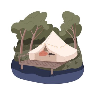 Premium tent in nature. Modern comfortable camping, glamping in forest by water. Remote cosy place outdoor for peaceful relaxation. Flat vector illustration isolated on white background