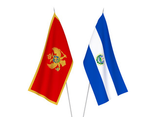 National fabric flags of Montenegro and Republic of El Salvador isolated on white background. 3d rendering illustration.