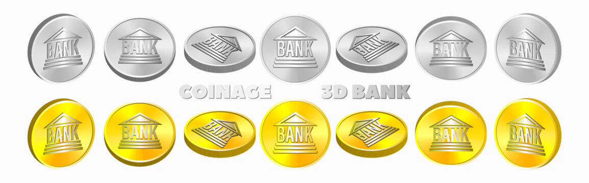 Vector gold and silver 3d set of coins or tokens with a stylistic bank building on a white isolated background. Samples of volumetric financial icons