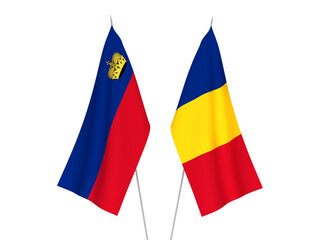 National fabric flags of Romania and Liechtenstein isolated on white background. 3d rendering illustration.