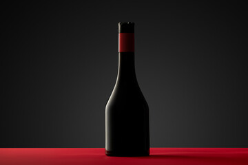 Illuminated alcohol bottle silhouette on red table and black background.