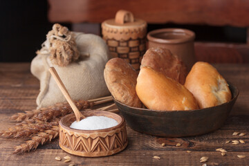 Traditional cuisine of Tver - buns with fish burbot liver -tverskoi mneviy pirog - obrazy, fototapety, plakaty