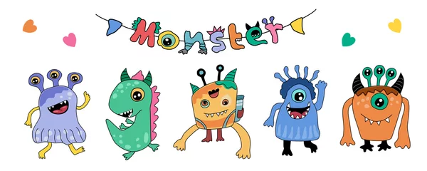 Muurstickers Monster Set of cute monster characters in colorful doodle style for cards, digital printing, t-shirt designs, children's clothing designs, stickers, kindergarten, scrapbooks, and more.