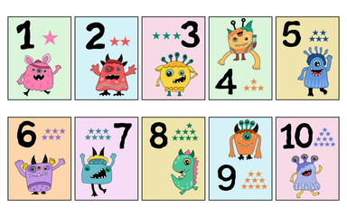 Cute monster patterns number flashcards in doodle style, for decorating cards, digital printing,  teachers, students, kids, nameplates, frames, worksheets, messages, kindergarten, scrapbooks, covers 