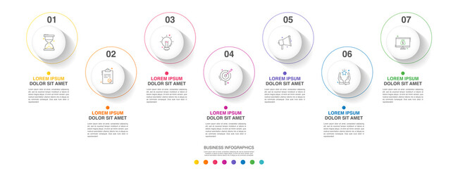 Vector infographics seven circles. Business concept of 7 steps, options. Infographic template for diagram, business, web, banner, presentations, flowchart, content, levels, chart