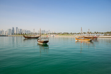 Fototapeta na wymiar The traditional dhows on Doha Corniche, Qatar