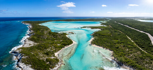 Aerial view of the blue lagoons and beaches at the north of Long Island, Bahamas