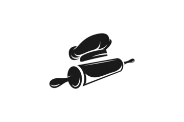 vintage chef hat and rolling pin bakery logo design or vector silhouette illustration