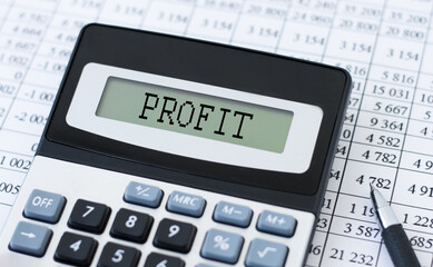 PROFIT inscription on the calculator screen on the background of reports on the table