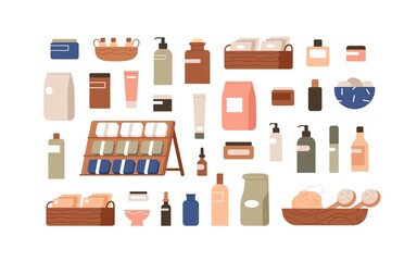 Cosmetic, beauty products packages. Hygiene and body, skin care items set. Eco bottles, jars, containers, dispensers, droppers and tubes. Flat graphic vector illustrations isolated on white background