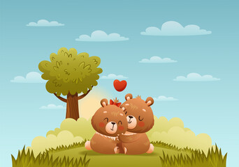 Baby bears hugging on the lawn. Sky, clouds, trees, bushes, grass on the background. Drawn in cartoon style. Vector illustration for designs, prints and patterns.
