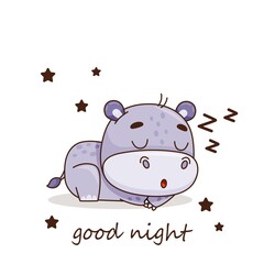 Cute little hippopotamus is sleeping. Stars. Postcard in cartoon style. Vector for design, banners, children's books and patterns. Vector illustration